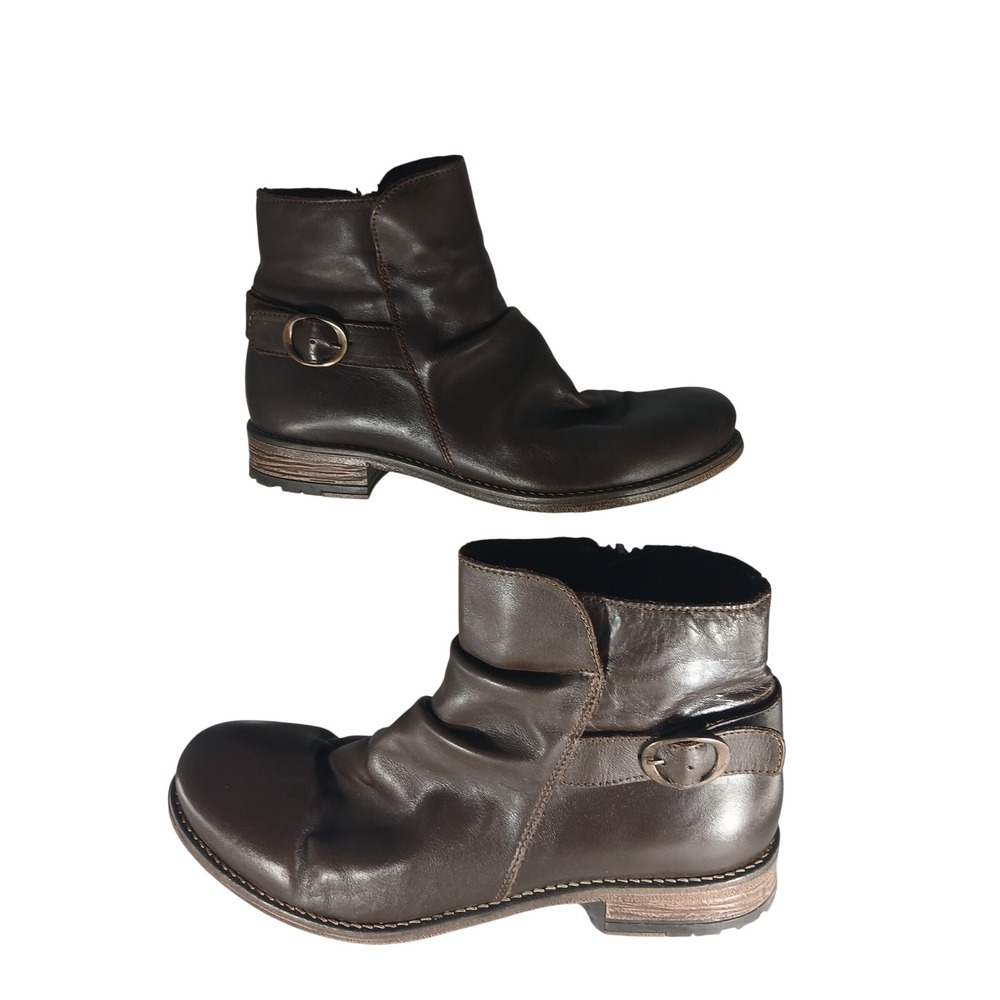 Avellini Leather Ankle Boots 41 Brown Slouchy Buckle Moto Made in Portugal
